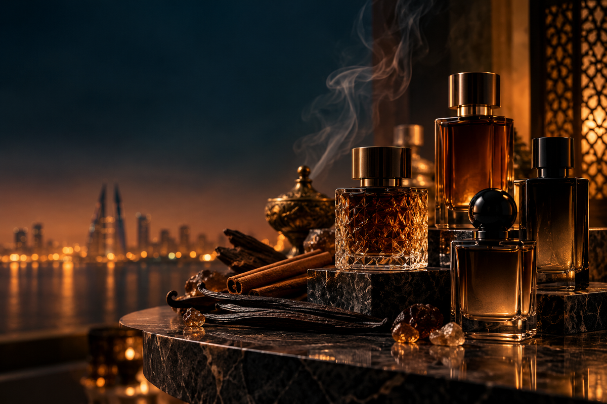 Winter perfumes in Bahrain 2026 – luxurious amber perfume editorial by Hala Perfumes