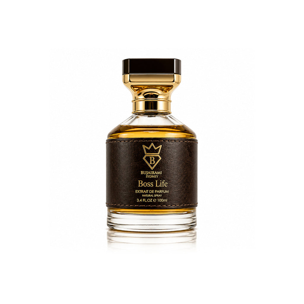 Bujairami Boss Life original brown leather wrap perfume bottle gold cap 100ml Bahrain