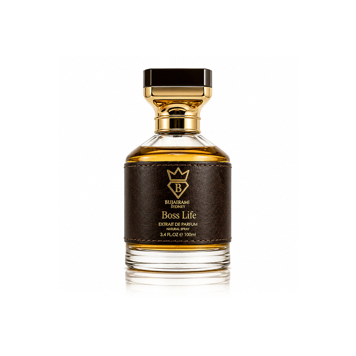 Bujairami Boss Life original brown leather wrap perfume bottle gold cap 100ml Bahrain