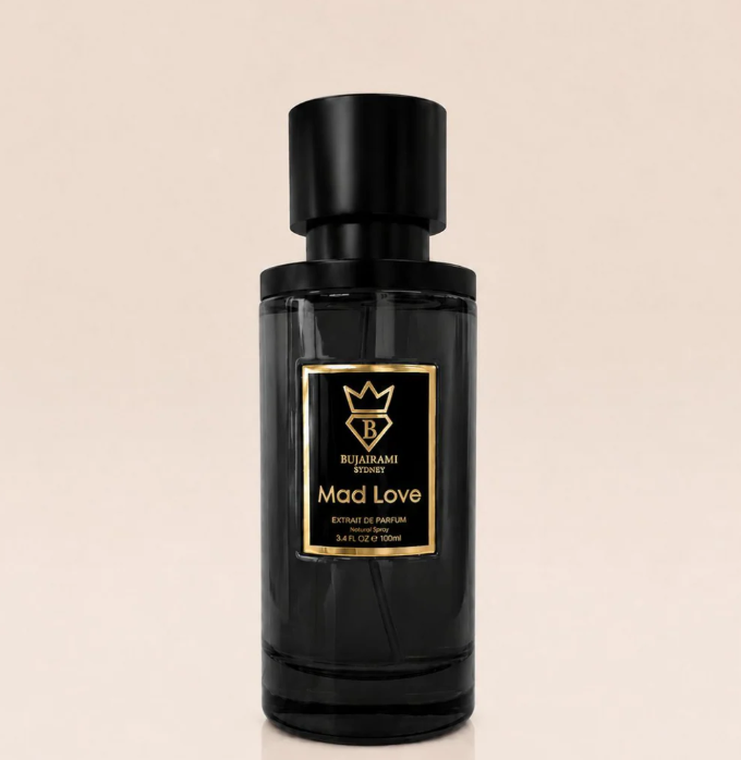 Bujairami Mad Love 100ml original black bottle extrait de parfum with gold logo Hala Perfumes Bahrain