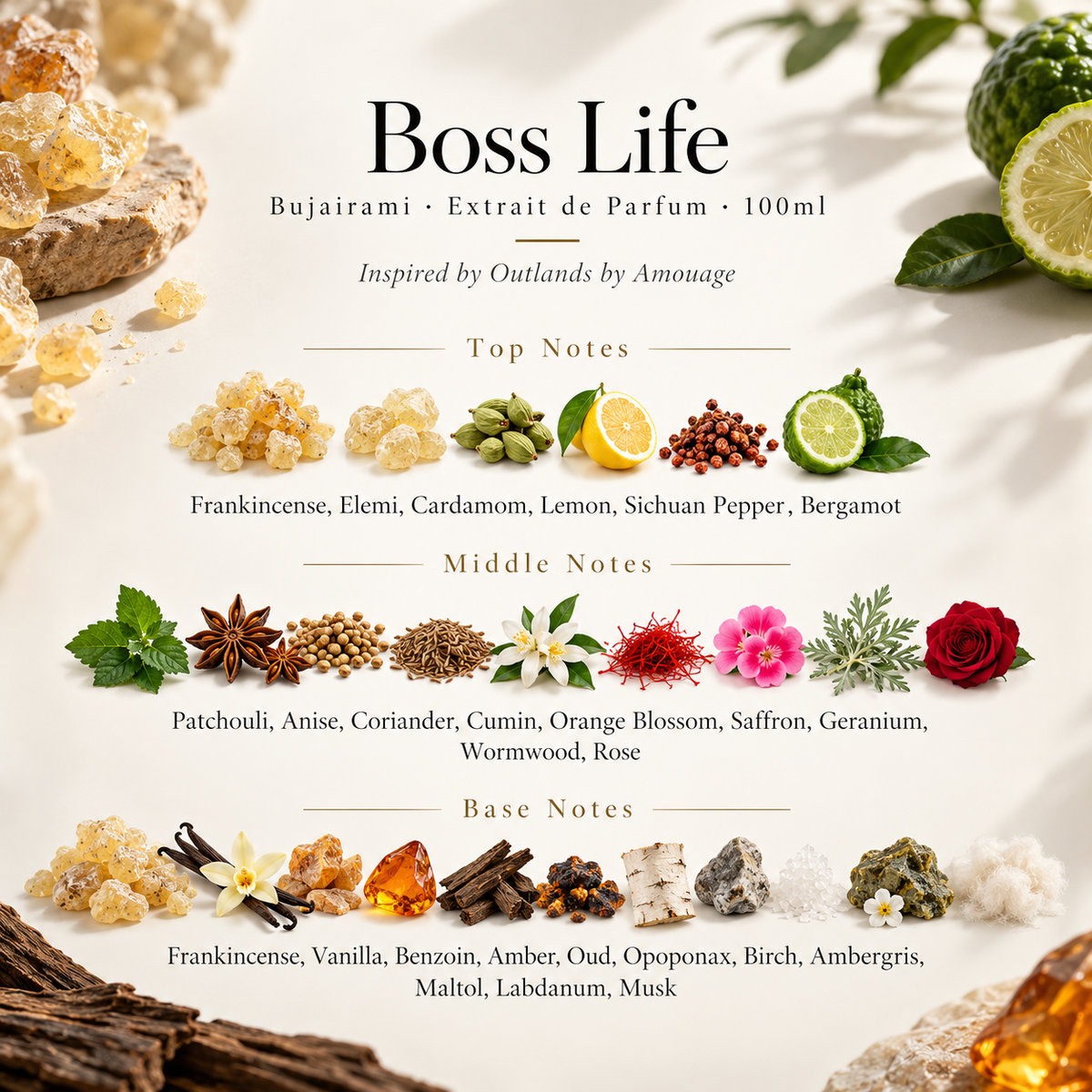 Boss Life Bujairami official fragrance notes frankincense elemi cardamom citrus saffron patchouli oud benzoin amber vanilla