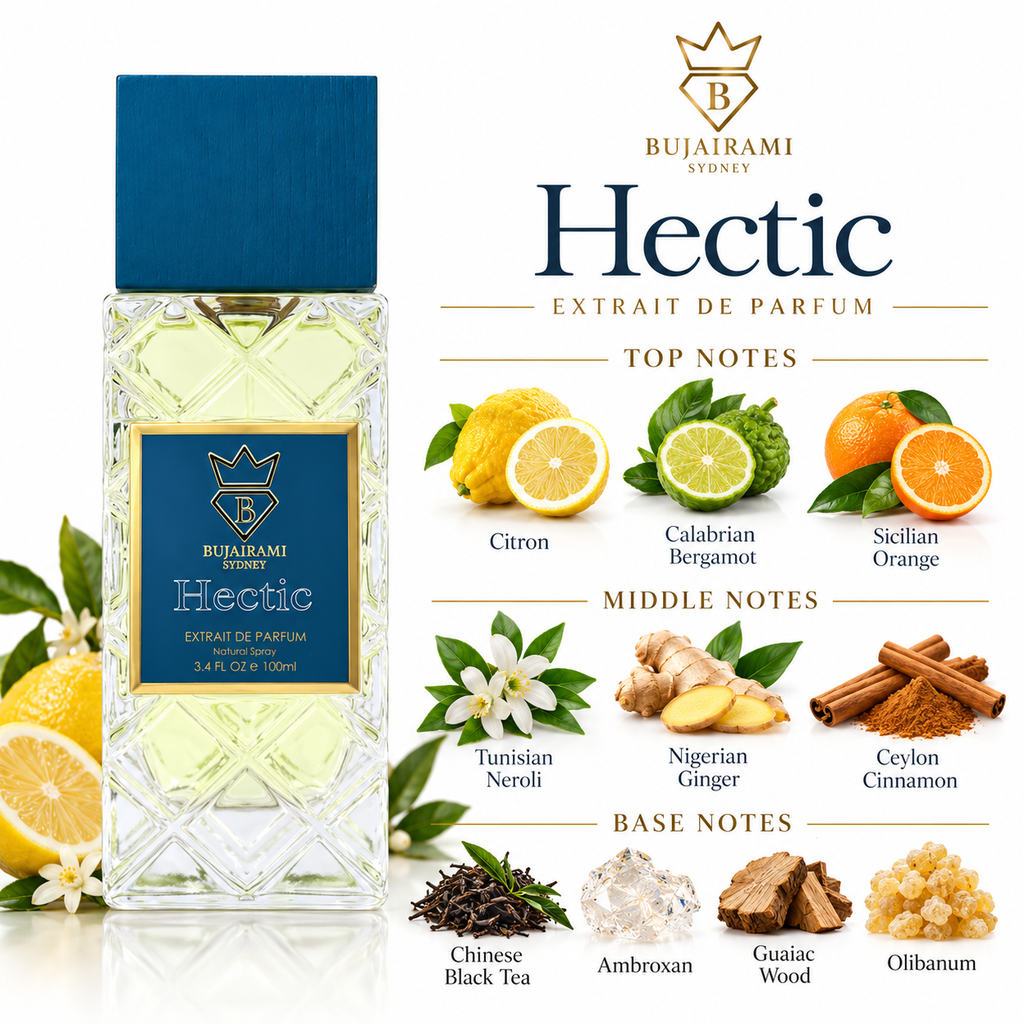 Bujairami Hectic 100ml top middle base notes citron bergamot orange neroli ginger cinnamon black tea ambroxan guaiac wood olibanum