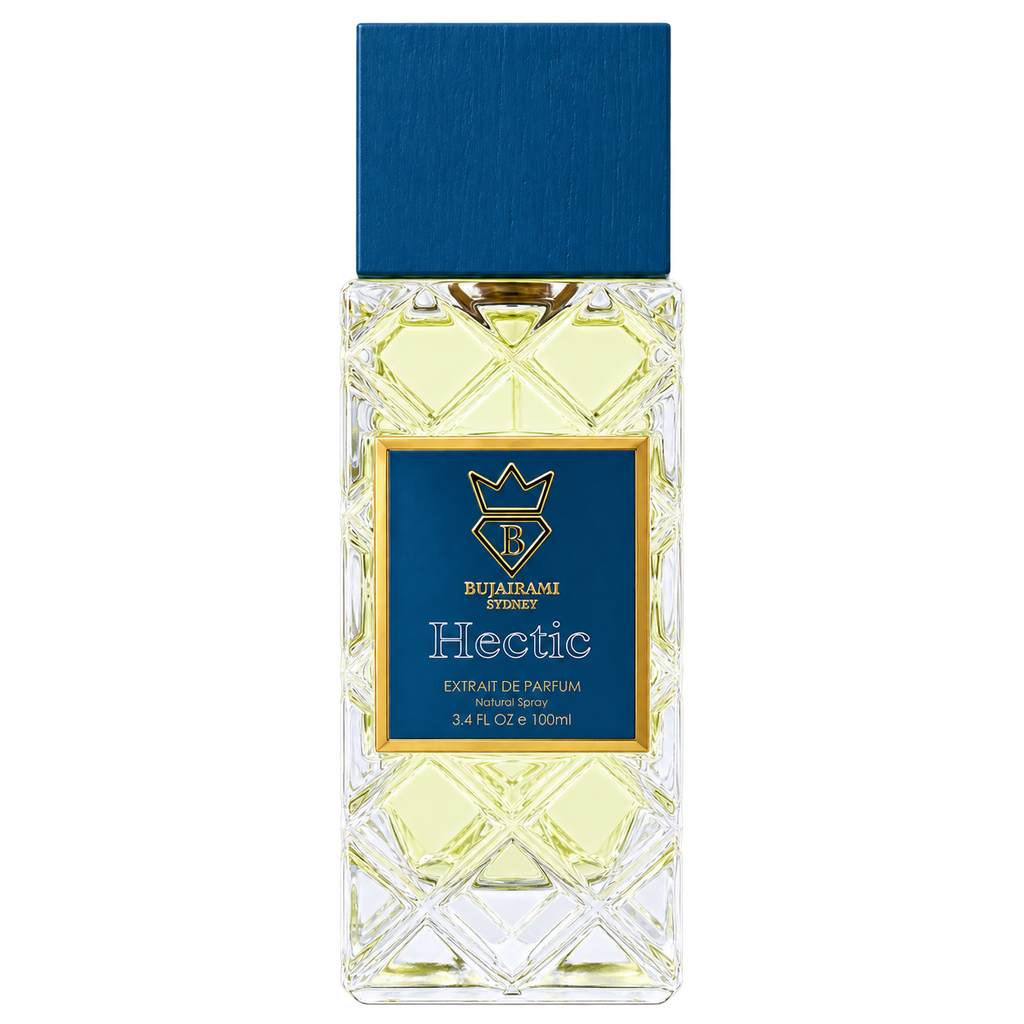 Bujairami Hectic Extrait de Parfum 100ml original navy bottle transparent background | Hala Perfumes Bahrain