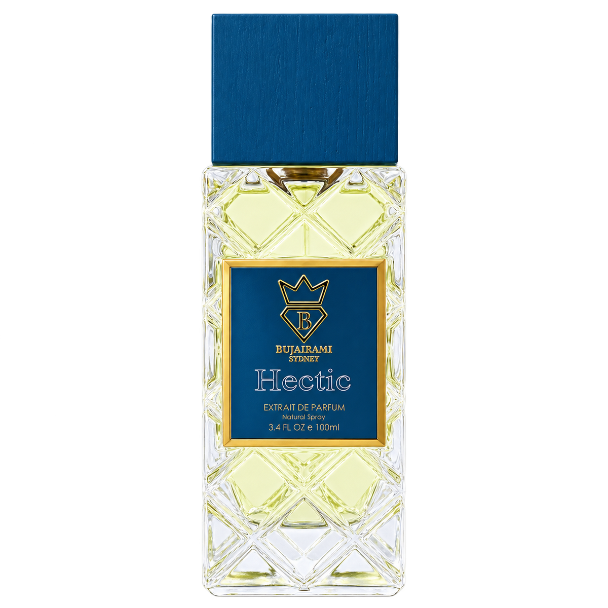 Bujairami Hectic Extrait de Parfum 100ml original navy bottle transparent background | Hala Perfumes Bahrain