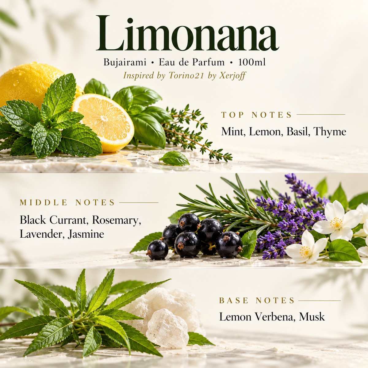 Limonana by Bujairami official notes mint lemon basil thyme blackcurrant rosemary lavender jasmine lemon verbena musk