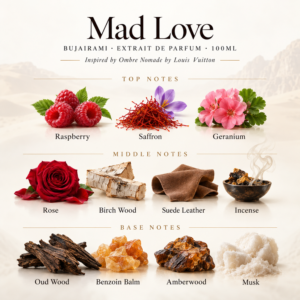 Mad Love official Bujairami fragrance notes top raspberry saffron geranium heart rose birch wood suede incense base oud benzoin amberwood musk