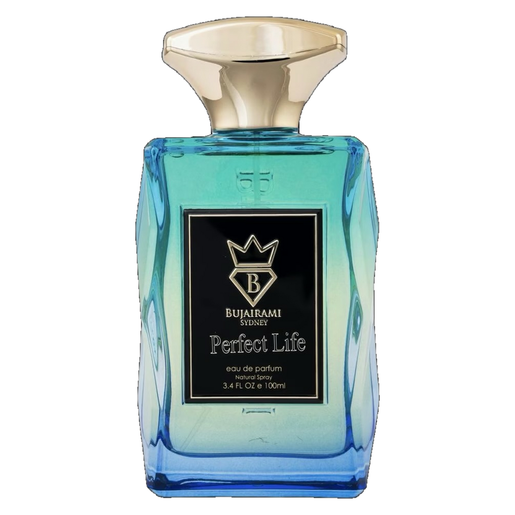 Perfect Life Bujairami original blue glass 100ml fragrance bottle isolated on transparent background
