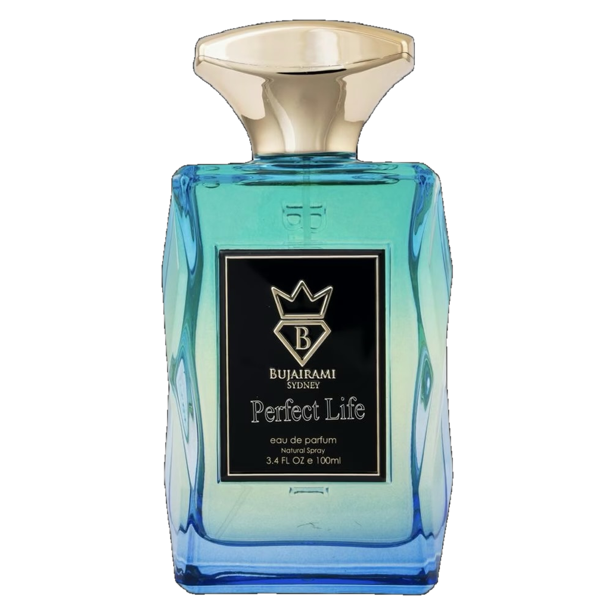 Perfect Life Bujairami original blue glass 100ml fragrance bottle isolated on transparent background
