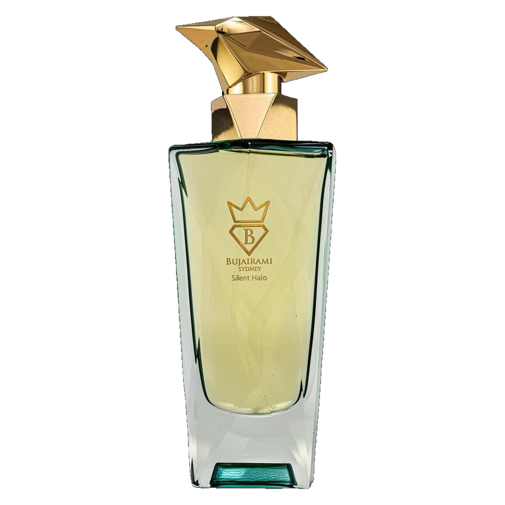 Authentic Silent Halo by Bujairami 100ml faceted golden cap glass perfume bottle isolated transparent background