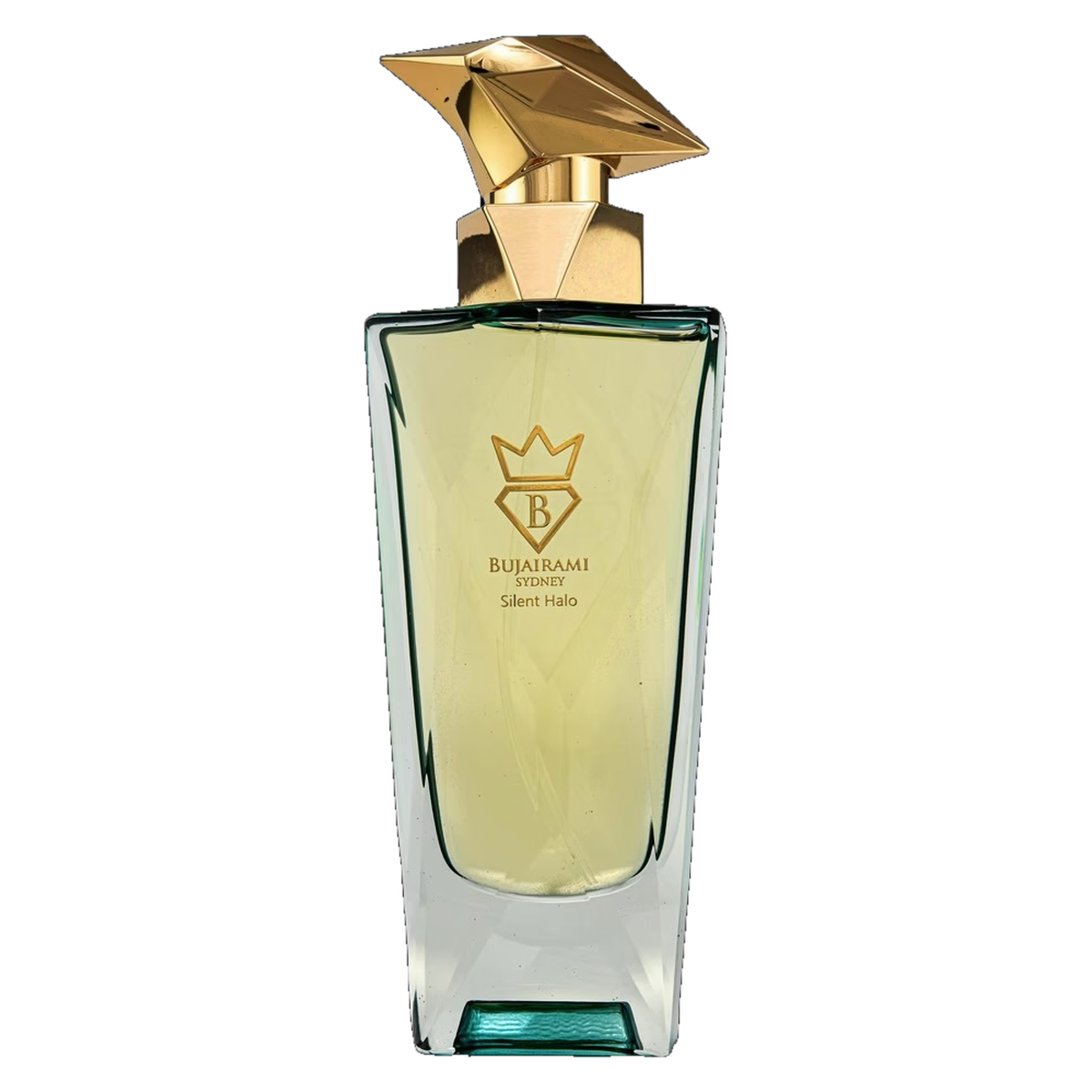 Authentic Silent Halo by Bujairami 100ml faceted golden cap glass perfume bottle isolated transparent background