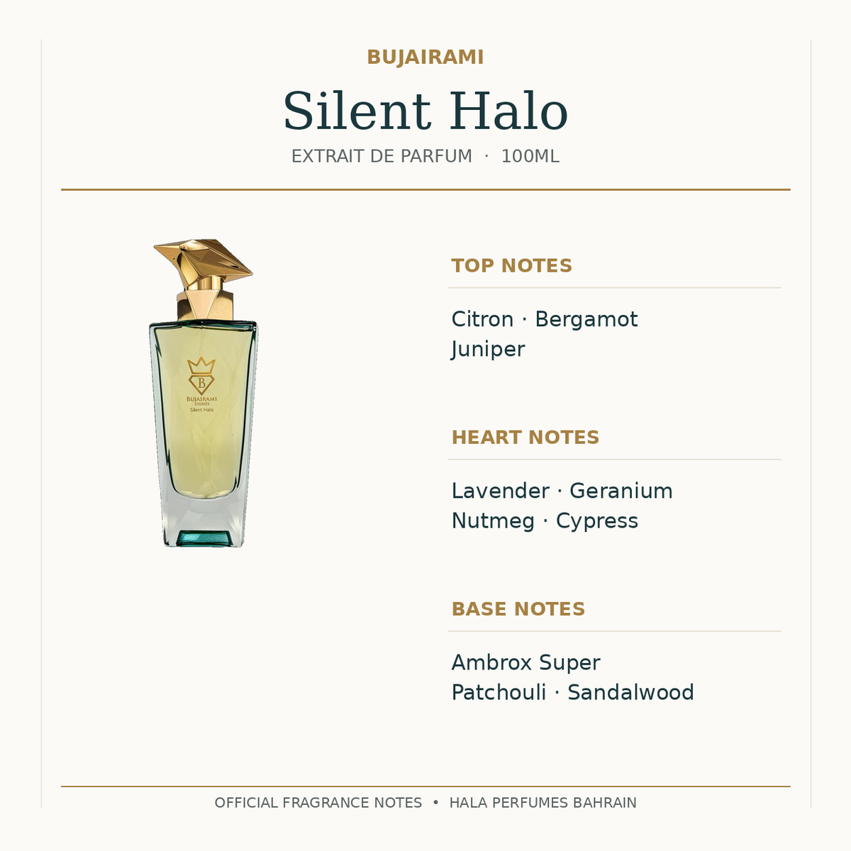 Silent Halo official Bujairami notes citron bergamot juniper lavender geranium nutmeg cypress ambrox super patchouli sandalwood