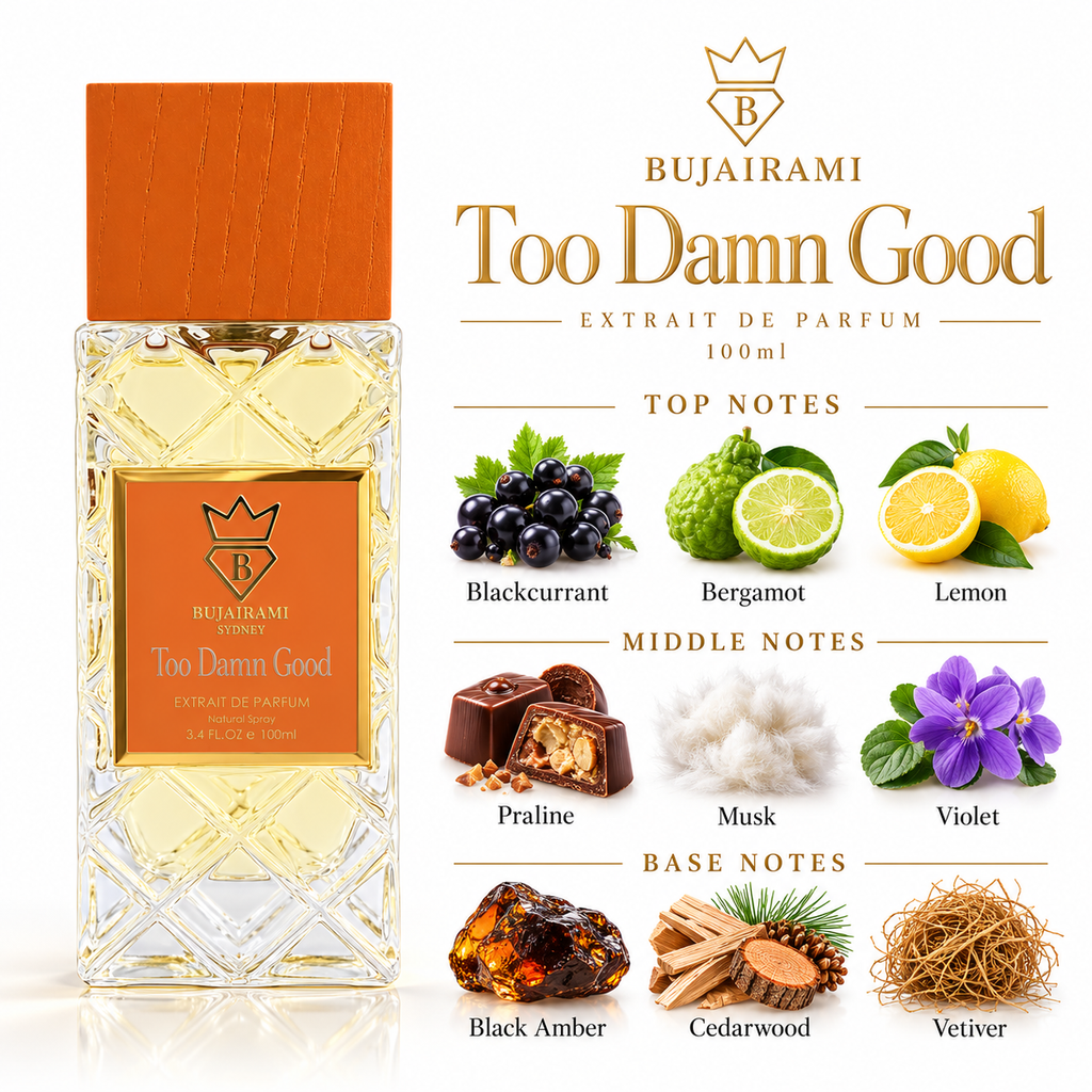 Bujairami Too Damn Good notes blackcurrant bergamot lemon praline musk violet black amber cedarwood vetiver