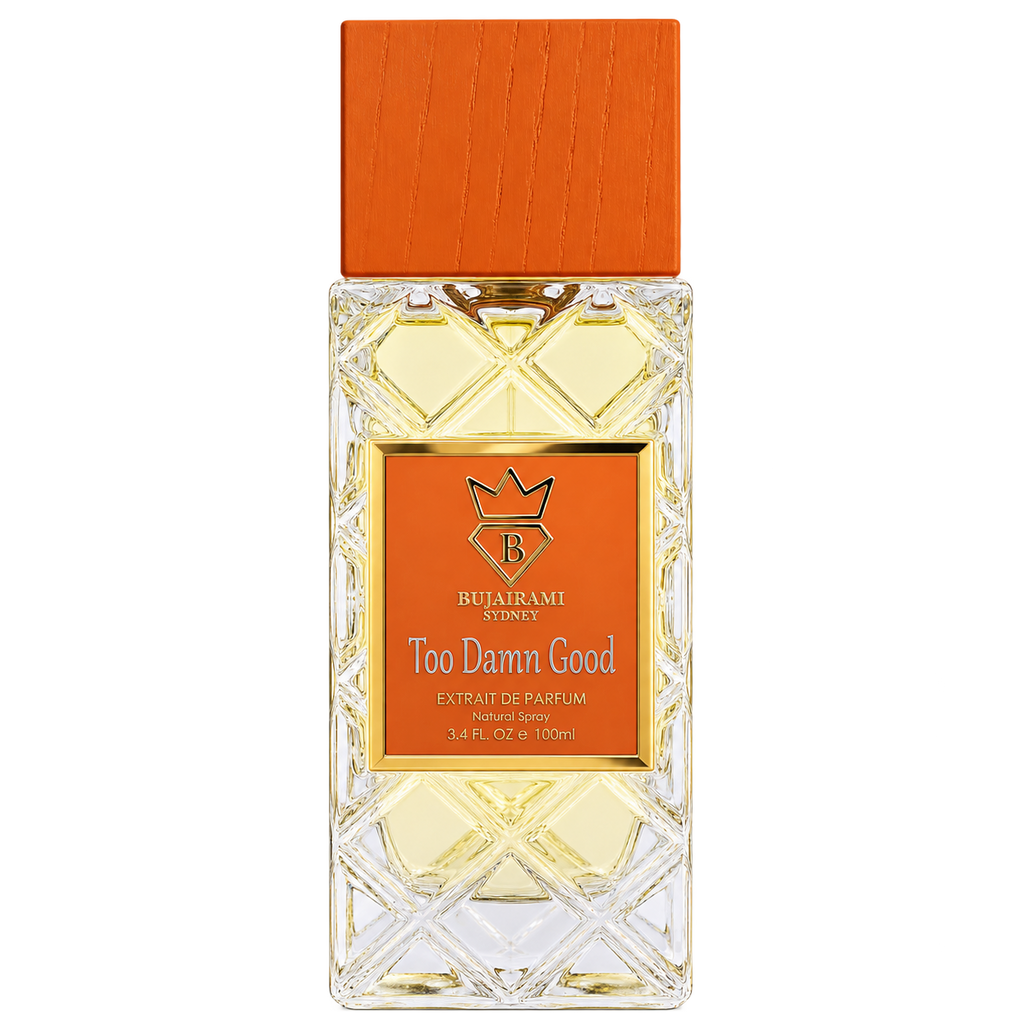 Bujairami Too Damn Good Extrait de Parfum 100ml orange bottle transparent background | Hala Perfumes Bahrain