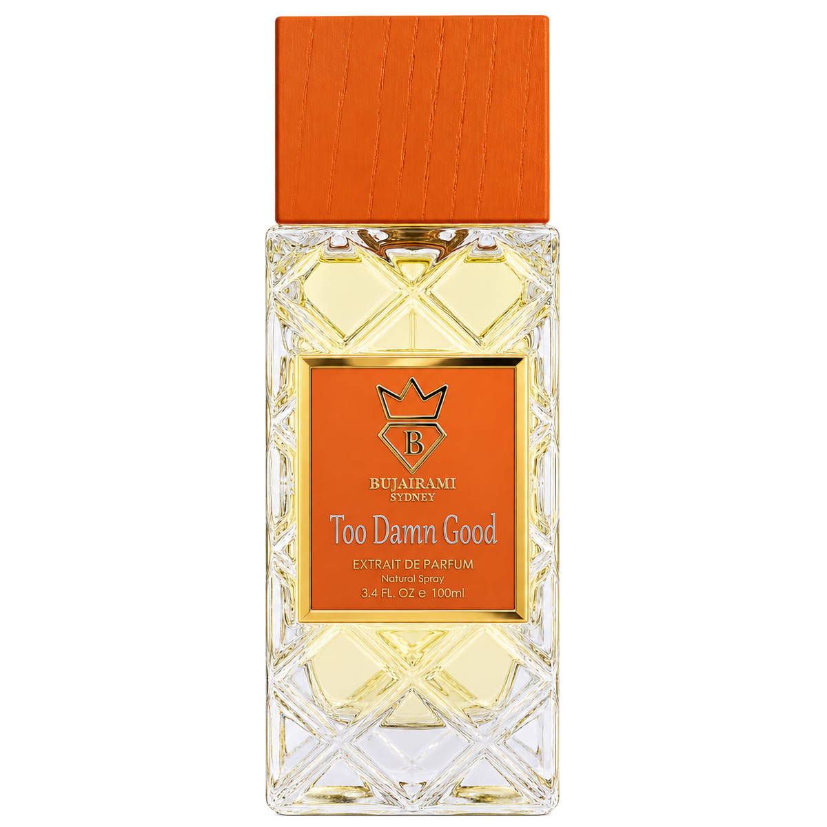 Bujairami Too Damn Good Extrait de Parfum 100ml orange bottle transparent background | Hala Perfumes Bahrain