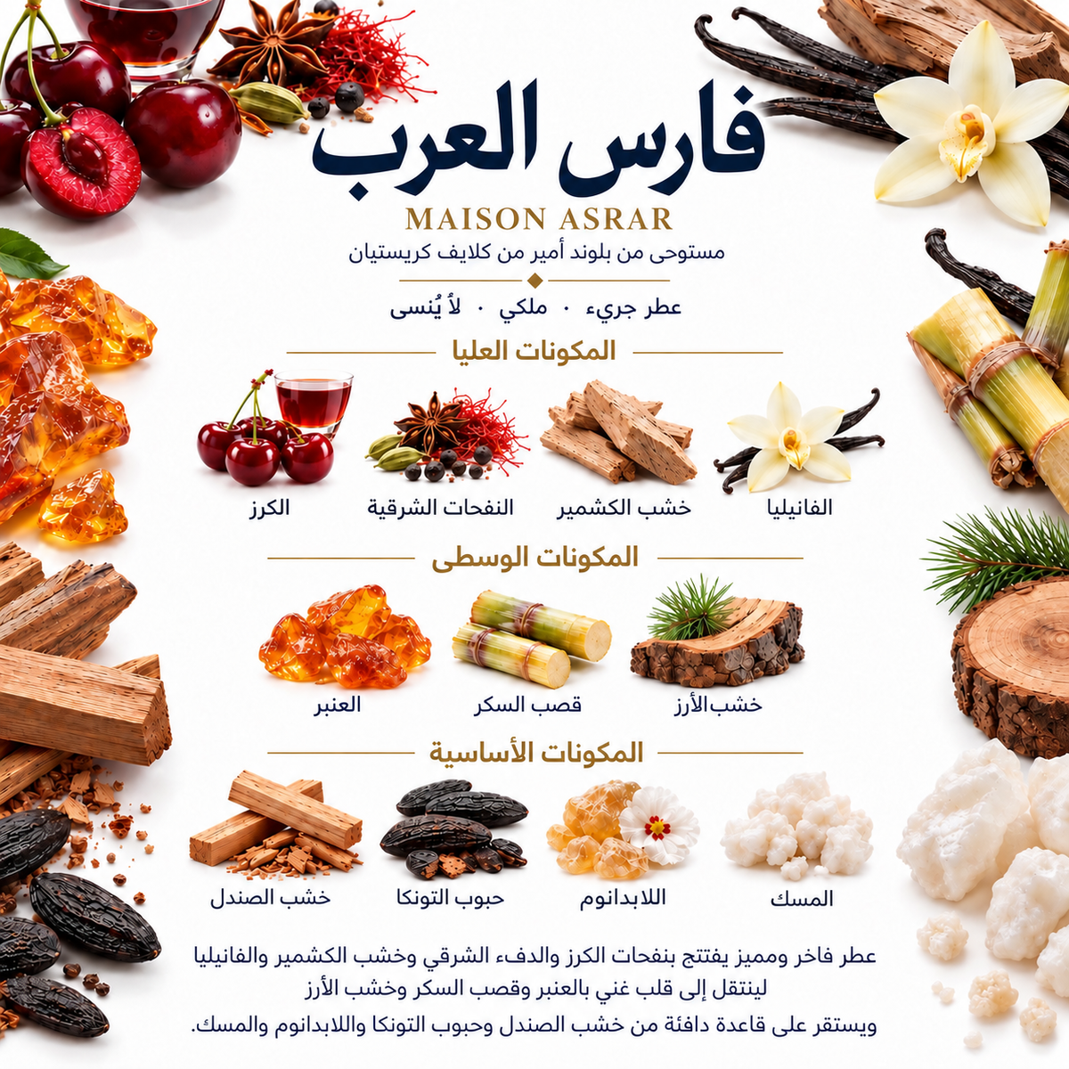 Maison Asrar Faris Al Arab perfume notes in Arabic - Hala Perfumes Bahrain