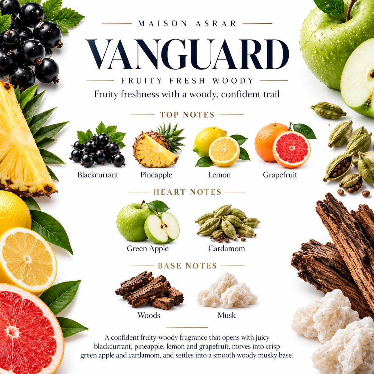 Maison Asrar Vanguard fragrance notes - blackcurrant pineapple lemon grapefruit green apple cardamom woods and musk