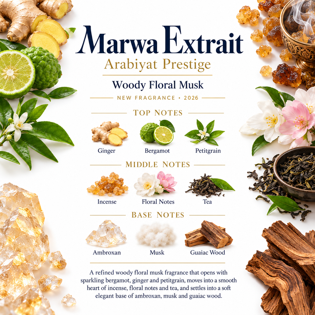 Marwa Extrait fragrance notes ginger bergamot tea incense ambroxan Bahrain