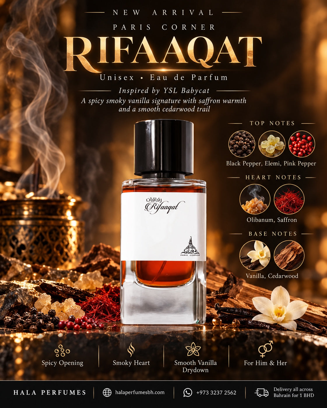 Paris Corner Rifaaqat fragrance notes poster by Hala Perfumes