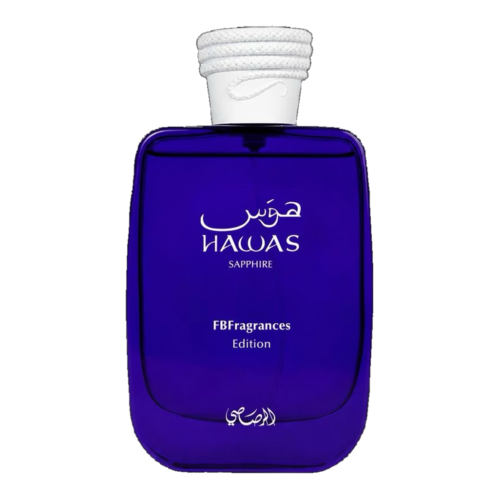 Rasasi Hawas Sapphire 100ml Eau de Parfum bottle on transparent background