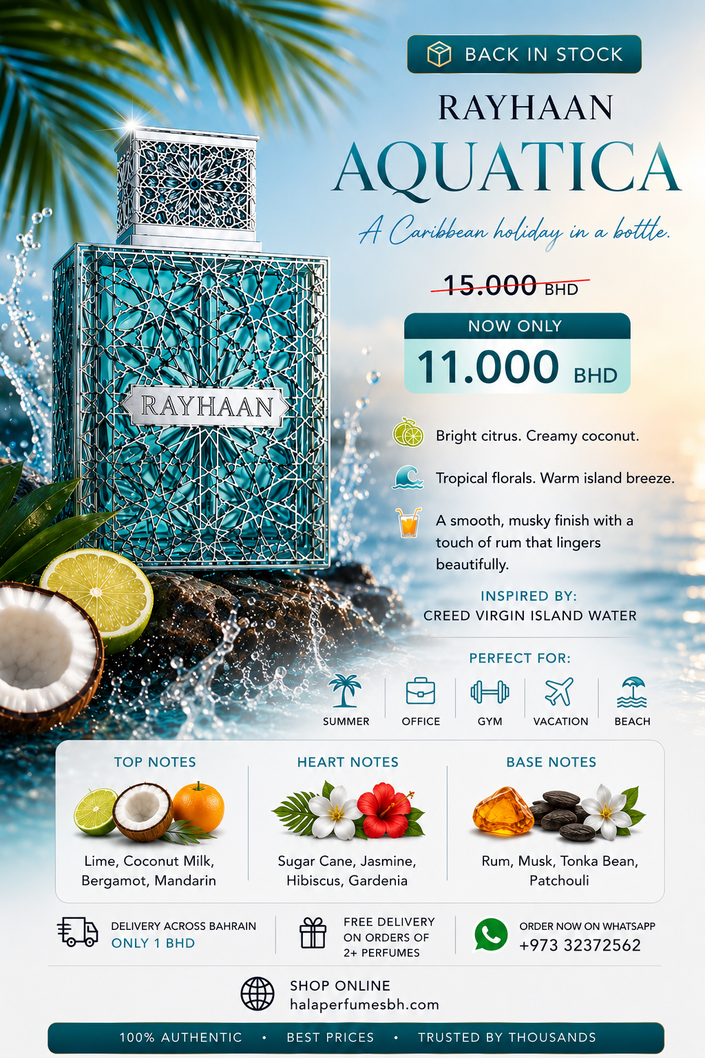 Rayhaan Aquatica back in stock tropical citrus coconut perfume poster - Hala Perfumes Bahrain