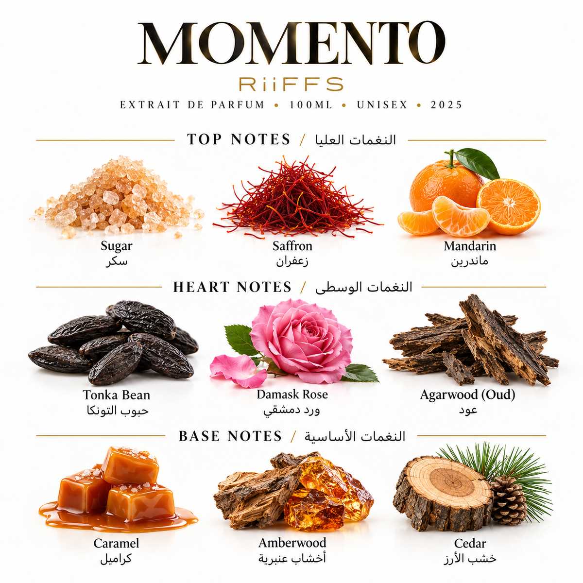 Riiffs Momento 100ml fragrance notes in English and Arabic