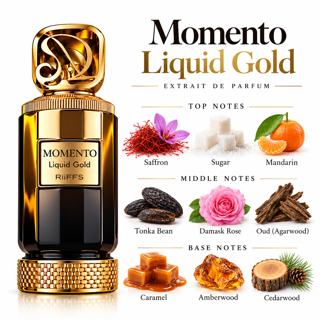 RiiFFS Momento Liquid Gold fragrance notes top saffron sugar mandarin heart tonka rose oud base caramel amberwood cedar